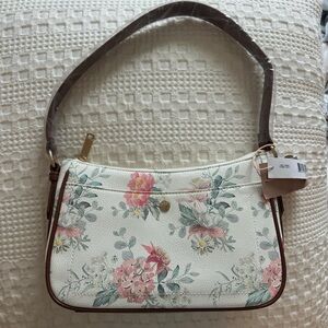 Cottagecore coquette Purse, White leather  Brown Pink Floral Shoulder Bag Purse